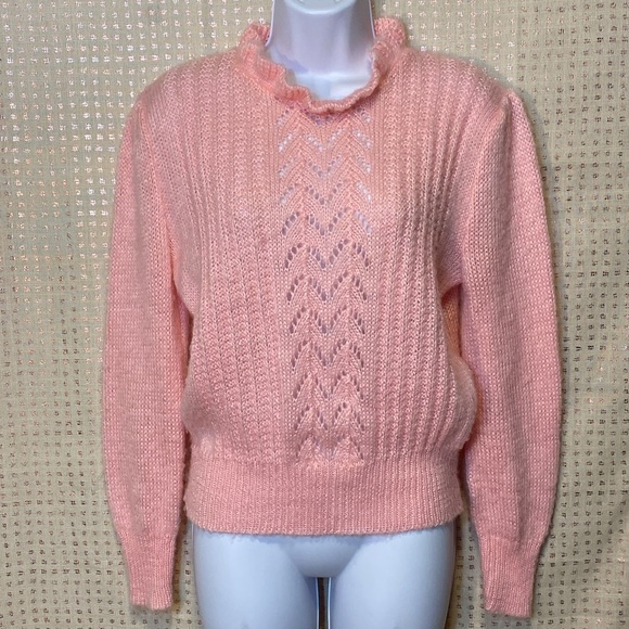 VINTAGE David Brett Pink Knit Sweater with Ruffle Neckline - Picture 6 of 6